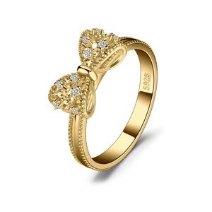 18k Yellow Gold Coquette Bow Swarovski Crystal Ring Dainty Feminine Cottage Girl